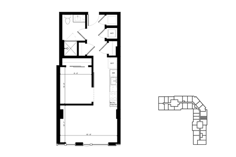 Floor plan for 1 bed, 1 bath, 599 sqft